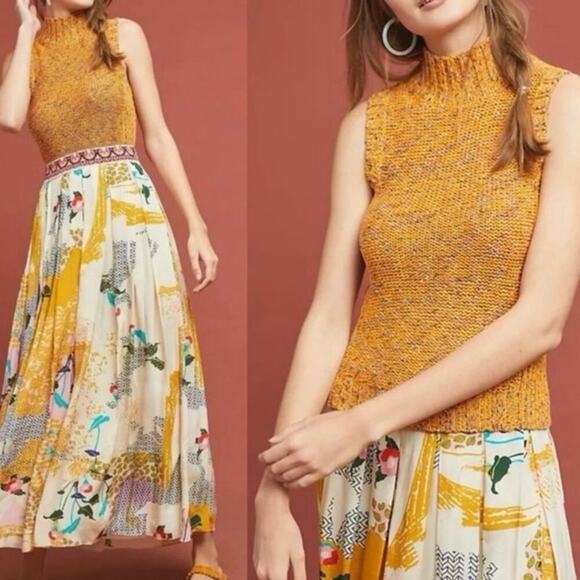 ANTHROPOLOGIE Sunrise Chunky Knit Mock Neck Sweater Vest Gold Multicolor Size XS - Picture 1 of 5